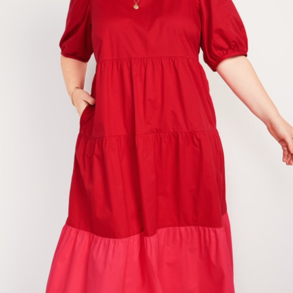 Old Navy Red & Pink Tiered Dress w/ Puff Sleeves